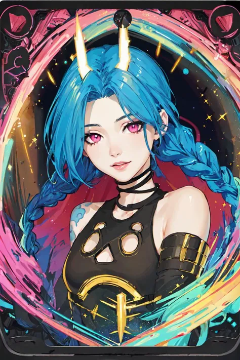 (masterpiece, top quality, best quality, official art, beautiful and aesthetic:1.2), (1girl), extreme detailed,(fractal art:1.3), colorful, highest detailed, JinxLol, tarot card, zentangel, dynamic pose, abstract, sparkle, ring light, halo, glow, (upper body),pink eyes,((detailed face)),hair over one eye,navel,dynamic streaks, luminous trails, vibrant colors, fluid movement, captivating patterns,full body,
<lora:jinxLeagueOfLegends_v10:1.2>, <lora:animeTarotCardArtStyleLora_v31:0.7>,
