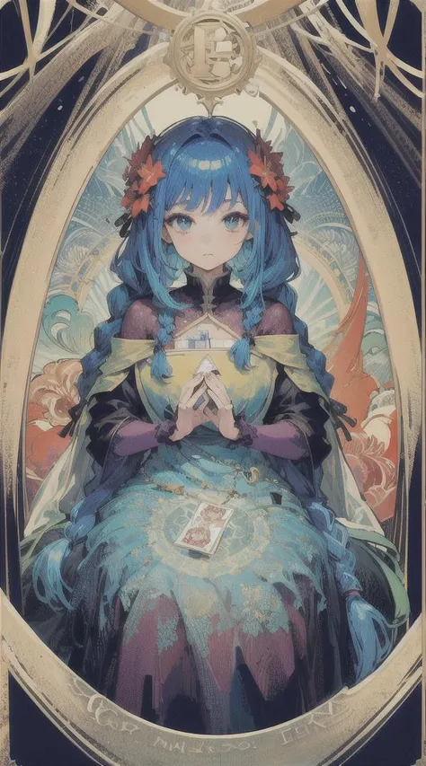 (masterpiece, top quality, best quality, official art, beautiful and aesthetic:1.2), (1girl:1.3), (fractal art:1.3), card, tarot,blue hair, twin braids, hair flower, (good lighting:1.1), ((highres)), <lora:animetarotV51:1>, Tarot card style
