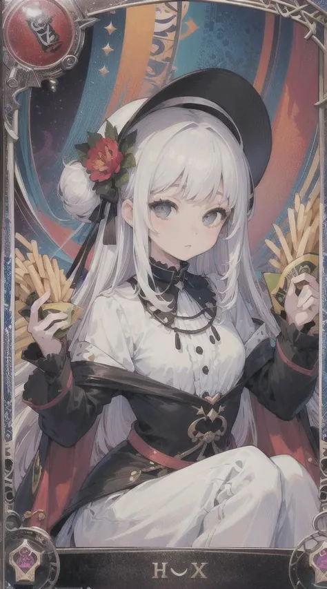 (masterpiece, top quality, best quality, official art, beautiful and aesthetic:1.2), (1girl:1.3), (fractal art:1.3), (french fries), white hair, side twin long hair, hair bun, hair flower, (good lighting:1.1), ((highres)), <lora:animetarotV51:1>, ((Tarot card style)), Seren Azuma, blunt_bangs, grey eyes, black hat on top,