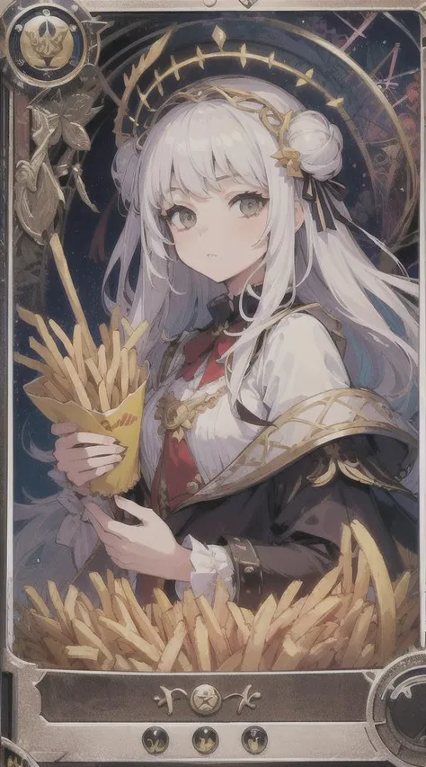 (masterpiece, top quality, best quality, official art, beautiful and aesthetic:1.2), (1girl:1.3), (fractal art:1.3), (french fries), white hair, side twin long hair, hair bun, hair flower, (good lighting:1.1), ((highres)), <lora:animetarotV51:1>, ((Tarot card style)), Seren Azuma, blunt_bangs, grey eyes, blackbucket hat,