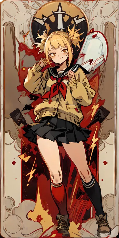 (masterpiece, best quality;1.3), ultra detailed, 1girl, solo, smile,
miniskirt, yellow cardigan, long sleeves, sailor collar, red neckerchief, black kneehighs,
<lora:himiko-toga-locon:1>TogaHimiko, blood splash, micro mini skirt, gold hair,alphonse mucha,
blood splatter,graffiti art, <lora:add_detail:0.5>, red BACKground, calligraphy characters, symmetrical composition, long shadow, cloody moon, red aura, red lightning , <lora:animetarotV51:1> <lora:Tarotv0.2:1>the fool