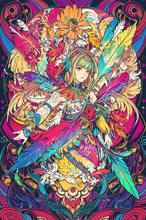 (masterpiece, top quality, best quality, official art, beautiful and aesthetic:1.2), (1girl:1.3), extremely detailed,(fractal art:1.1),(colorful:1.1)(flowers:1.3),highest detailed,(zentangle:1.2), (dynamic pose), (abstract background:1.3), (shiny skin), (many colors:1.4),  (feathers:1.5),<lora:animeTarotCardArtStyleLora_v31:0.8>