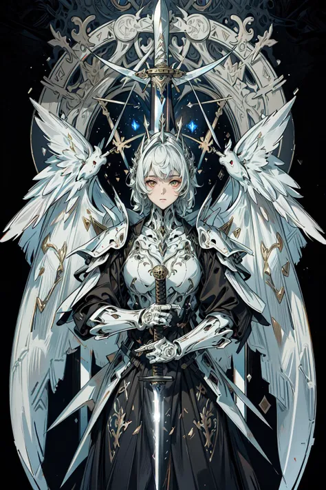 (masterpiece, best quality:1.3),extremely high detailed, intricate, 8k, HDR, wallpaper, cinematic lighting, <lora:Mecha:0.6> ,(universe),(holding sword:1.3), glowing, armor, glowing eyes, mecha, large wings, <lora:Futuristicbot4:0.6>, <lora:animeTarotCardArtStyleLora_v31:1>
