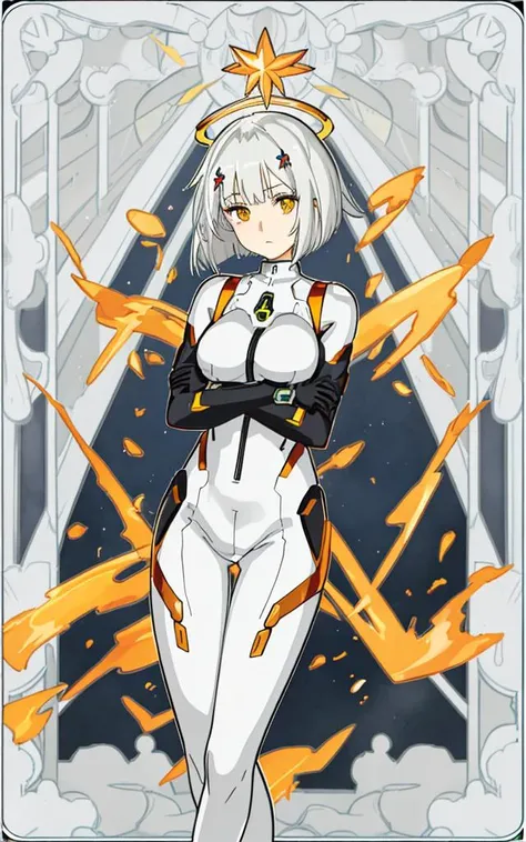 2d, anime art, ultra detail, 1girl, bob cut hair style, straight bangs, looking at viewer, glowing eyes, white hair, amber eyes, <lora:animeTarotCardArtStyleLora_v31:1>, medium breasts, bodysuit, expressionless, own hands together, halo,
