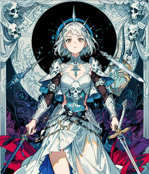 (masterpiece, top quality, best quality, official art, divine:1.2), (1girl:1.3), extremely detailed,(fractal art:1.1),(colorful:1.1),(skulls:1.3),highest detailed,(zentangle:1.2), (dynamic pose), (abstract background:1.3), (shiny skin), (many colors:1.4),
(warrior:1.5, armor, holding sword),(short hair, silver hair),brave,determination,
<lora:animetarotV51:0.8>, <lora:add_detail:0.7>