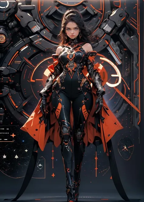 at night,huge and complex technical background,(masterpiece),(detailed),(intricate details),(realistic, photo-realistic:1.37),illustration,an extremely delicate and beautiful,8k wallpaper,absurdres,incredibly absurdres,ultra-detailed,highres,extremely detailed,beautiful detailed girl,extremely detailed eyes and face,beautiful detailed eyes,1girl,solo,(full body:1.3),blue fire,gear,giant robot,machine,damage armor,glove,machinery suit,(machinery boots),Mecha,science fit,updo,wearing mechanical equipment, nice,Standing posture of model,Twist your body slightly,(Tall and elegant, slender figure:1.4),<lora:large_mecha_arm_v1:0.5>,(behind the luminous disc:1.2),<lora:20230529202647:0.4>,(The background is a star map:1.5), ,,Dance posture, Sexy posture, Tall and elegant,Metal Takazawa,Gorgeous,Science Filament,(Red and black color case:1.3), <lora:animetarotV51:0.2> <lora:cat ear_20230619180308:0.5> <lora:MG_jijia:0.8>