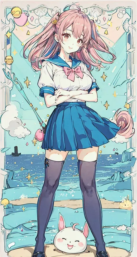1 girl, full body, long legs, standing, sexy pose, pantyhose, (school uniform), best quality, (smile:1.2), (Jpop:1.08), (cute eye makeups:1.1), pubic hair, round breasts, (pink hair:1.2), best lighting, sea, sky, cloud, sunshine,