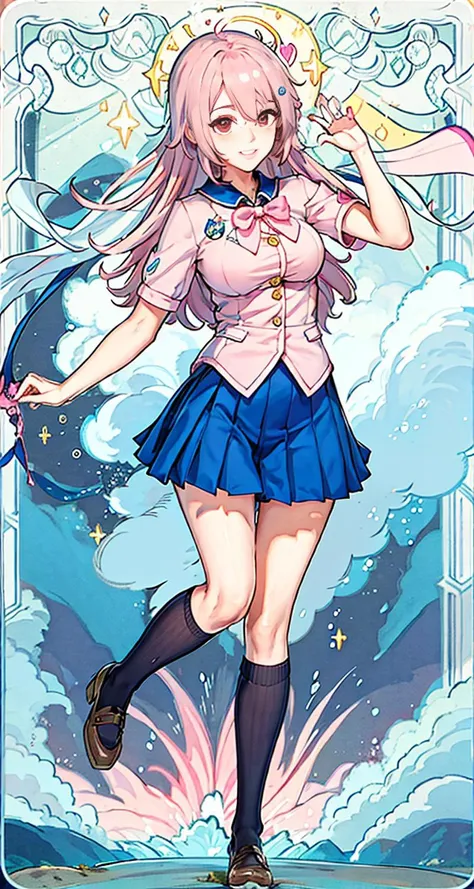 1 girl, full body, long legs, (school uniform), best quality, (smile:1.2), (Jpop:1.08), (puffy eye makeups:1.1), pubic hair, round breasts, (pink hair:1.2), best lighting, sea, sky, cloud, sunshine