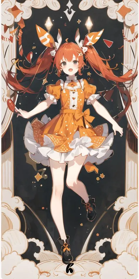 <lora:animeTarotCardArtStyleLora_v30:1>,full body,border, polka dot dress, orange dress, lonely, black eyes, crazy eyes, red hair, twintails, simple background, dynamic angle,1girl, solo,