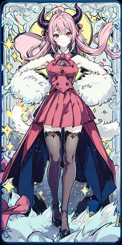 1 girl, Succubus , full body, long legs, standing, sexy pose, pantyhose, (school uniform), best quality, (smile:1.2), (Jpop:1.08), (cute eye makeups:1.1), pubic hair, round breasts, horn, tail, (pink hair:1.2), dark lighting, bed, moon, fire, blood,