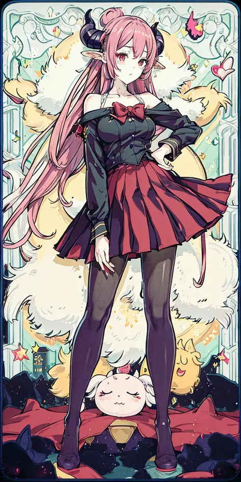 1 girl, Succubus , full body, long legs, standing, sexy pose, pantyhose, (school uniform), best quality, (arrogant:1.2), (Jpop:1.08), (cute eye makeups:1.1), long hair, round breasts, horn, (pink hair:1.2), dark lighting, bed, moon, fire, blood, bats,