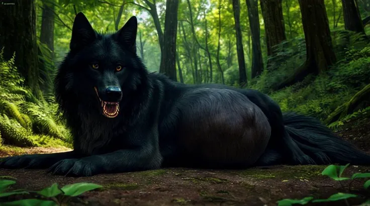 solo, high resolution, detailed, digital media \(artwork\), detailed fur, spittle, quadruped, (feral), (((big belly))), rumbling stomach, ((detailed background)), a lush green forest, ((vore)), (black fur), male, (standing), fluffy, furry, ((wolf)), (intricate, high detail, film photography, soft focus, RAW candid cinema, photorealism, realistic, photorealistic, analog style, subsurface scattering, masterpiece, best quality, ultra-realistic, 8k), canid, brown eyes, open mouth, burping, (beautiful detailed eyes :1.2), borpbod, sharp teeth, burp cloud, cloud emanata, pleased, (panting), resting, maw, looking at viewer, ((lying)), (on side), <lora:borp2-fluffyrock-768-lion-e24-05-lion_30:0.5>