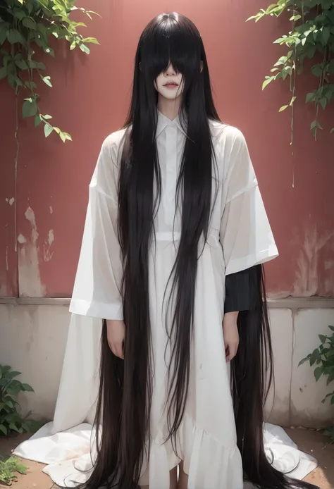 score_9,score_8_up,score_7_up,8k,hd,red background,,ruyanyi0662,dirty,hair over eyes,sleeves past wrists,very long hair,hair over facial features,cowboy shot,white dress,<lora:0662 yamamura sadako_pony:1>