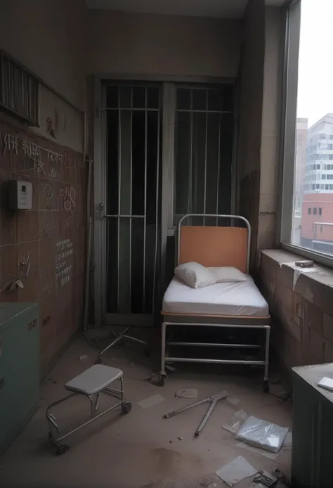 score_9,score_8_up,score_7_up,8k,hd,,ruanyi0060,blinds,cracked wall,no humans,dirty,box,brick wall,broken,broken glass,broken window,building,cable,cardboard box,chair,cracked wall,curtains,desk,door,glass,graffiti,hospital bed,indoors,industrial pipe,pillow,railing,ruins,shelf,tile floor,tile wall,tiles,wall,water,wheelchair,window,<lora:0060 abandoned hospital_v1_pony:1>