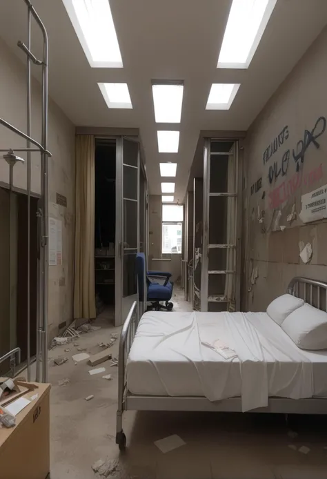 score_9,score_8_up,score_7_up,8k,hd,,ruanyi0060,blinds,cracked wall,hospital bed,ruins,no humans,dirty,box,brick wall,broken,broken glass,broken window,building,cable,cardboard box,ceiling light,chair,cracked wall,curtains,desk,door,glass,graffiti,hospital bed,indoors,industrial pipe,pillow,railing,ruins,shelf,tile floor,tile wall,tiles,wall,water,wheelchair,window,<lora:0060 abandoned hospital_v1_pony:1>