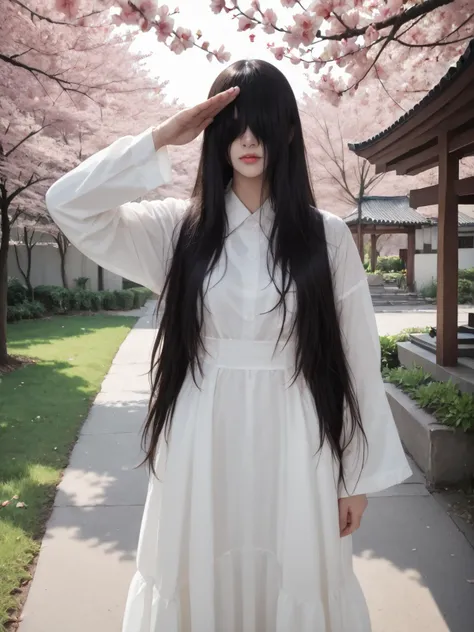 score_9, score_8_up, score_7_up, 8k, hd,
1girl, blown hair, salute,
ruyanyi0662, dirty, hair over eyes, sleeves past wrists, very long hair, cowboy shot,
white dress, hair over face, reverse hair, Hair over body, horror \(theme\),
courtyard, pond, cherry blossoms,
<lora:0662 yamamura sadako_pony:0.8>