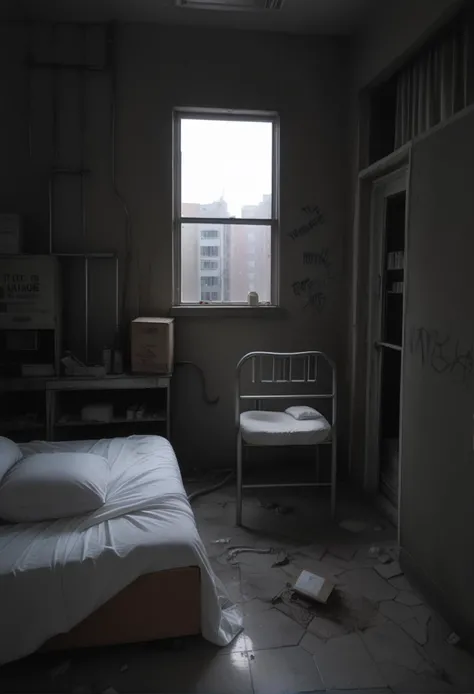 score_9,score_8_up,score_7_up,8k,hd,,ruanyi0060,blinds,cracked wall,no humans,dirty,box,brick wall,broken,broken glass,broken window,building,cable,cardboard box,chair,cracked wall,curtains,desk,door,glass,graffiti,hospital bed,indoors,industrial pipe,pillow,railing,ruins,shelf,tile floor,tile wall,tiles,wall,water,window,<lora:0060 abandoned hospital_v1_pony:1>