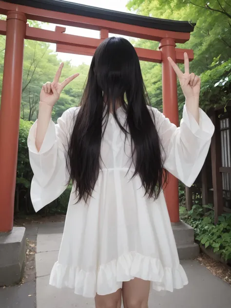 score_9, score_8_up, score_7_up, 8k, hd,
1girl, blown hair, double v, squatting,
ruyanyi0662, dirty, hair over eyes, sleeves past wrists, very long hair, cowboy shot,
white dress, hair over face, reverse hair, Hair over body, horror \(theme\),
gohei, torii,
<lora:0662 yamamura sadako_pony:0.8>
