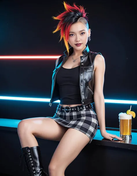 score_9, score_8_up, score_7_up,
(angelic punk) young woman, french, bright green eyes, light skin, normal build, wearing a DIY-studded denim vest,plaid skirt,Doc Martens boots, fiery hair shaved on one side, eyebrow piercing,labret piercing, dark lipstick,studded belt,adorned with silver chains and safety pins, set in a renegade punk party bus, decked out with black leather upholstery, neon lights, and a fully stocked bar serving DIY cocktails and craft beers, Revelers climb aboard, ready to embrace the chaos and mayhem of a punk-inspired night on the town
amazing quality, ultra realistic, 3D, HD, best quality, amazing quality, very aesthetic, absurdres