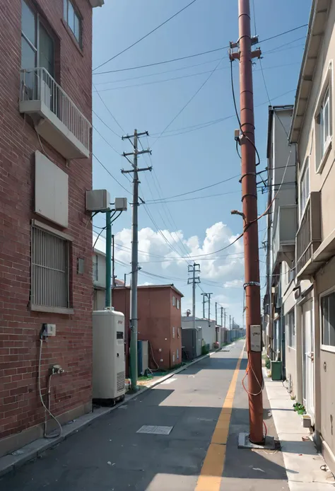 score_9,score_8_up,score_7_up,8k,hd,ruanyi0675,no humans,power lines,industrial pipe,air conditioner,alley,brick wall,cable,clothesline,crosswalk,utility pole,vanishing point,night,dark,