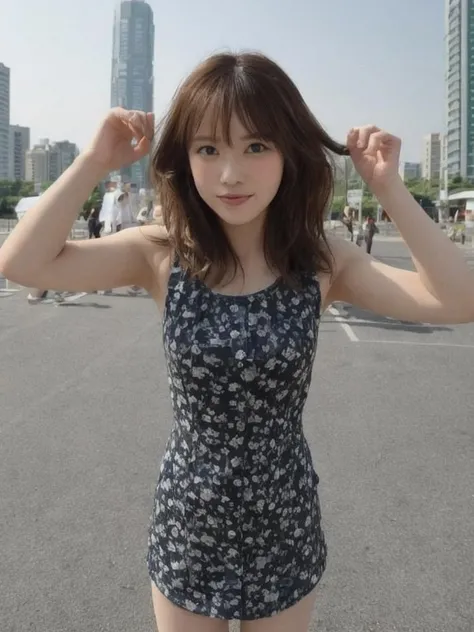 nsfw, upper body ,slender 1girl <lora:emika:1>, wavy hair, bang, dress,spin, dance at taipei city, sunny day, wide angle,  look at viewer