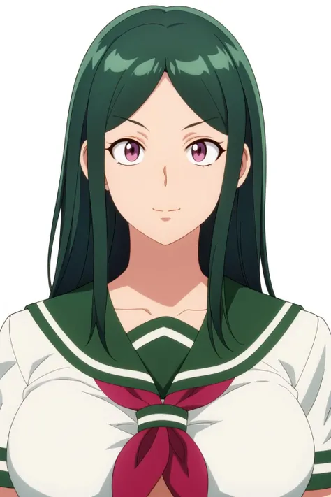 Simple White Background,
green sailor collar,school uniform, serafuku, short sleeves, green skirt, navel, neckerchief,white shirt,
<lora:Demon_Lord_LV1-KK77-V1:0.7>,
purple eyes, green hair,bangs,long hair,
<lora:Oda_Non_Style-KK77-V2:0.3>,<lora:more_details:0.1>,
1 girl, 20yo,Young female,Beautiful Finger,Beautiful long legs,Beautiful body,
Beautiful Nose,Beautiful character design, perfect eyes, perfect face,expressive eyes,perfect balance,
looking at viewer,(Focus on her face),closed mouth, (innocent_big_eyes:1.0),(Light_Smile:0.3),
official art,extremely detailed CG unity 8k wallpaper, perfect lighting,Colorful, Bright_Front_face_Lighting,White skin,
(masterpiece:1.0),(best_quality:1.0), ultra high res,4K,ultra-detailed,
photography, 8K, HDR, highres, absurdres:1.2, Kodak portra 400, film grain, blurry background, bokeh:1.2, lens flare, (vibrant_color:1.2),professional photograph,
(Beautiful,large_Breasts:1.4), (beautiful_face:1.5),(narrow_waist),