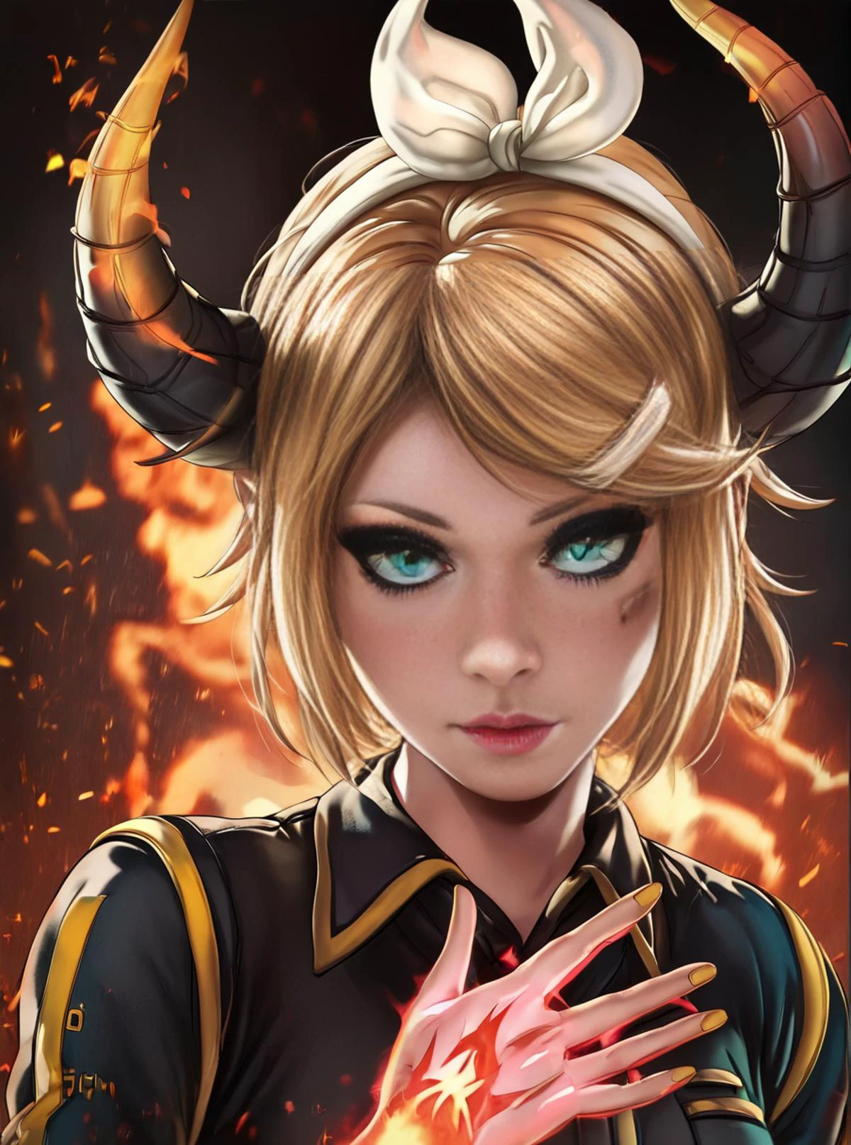 score_9, score_8_up, score_7_up, dandonfuga, upper body,
BREAK
Kagamine Rin from Vocaloid, 1girl, demon, solo, h0rns, asymmetrical horns, casting spell, fire ,spell
BREAK
<lora:H0rnsXLP:1>
<lora:DandonFuga_Style_v.2_-_Pony:0.8>