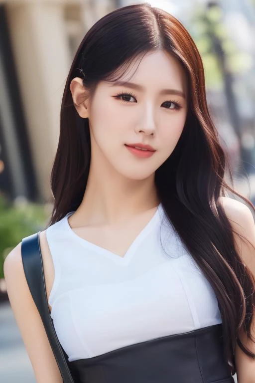 <lora:gidleMiyeonV1:1>,Miyeon,korean, woman,complex 3d render ultra detailed, smile, portrait of beautiful woman, moody portrait, striking features, beauty, intricate details, dramatic composition, tension, contrast, texture, realism, high-quality rendering, stunning art, high quality, film grain, Fujifilm XT3,swirly bokeh,(realistic, photo-realistic:1.2),RAW photo,physically-based rendering,(looking at viewer:1.4),(8k, best quality, masterpiece:1.2),(full body shot:1.1),octane render,extremely detailed CG, unity 8k wallpaper,in street,urban,city,(studio soft light,sunlight:1.2),(standing:1.1),(a girl is wearing sleeveless:1.5),hyper realistic detail shiny skin,ultra detailed,(ultra realistic:1.2),(intricate:1.2),(photorealistic:1.2),1girl,(skinny:1.3),detailed background ,(large breasts:1.1) ,