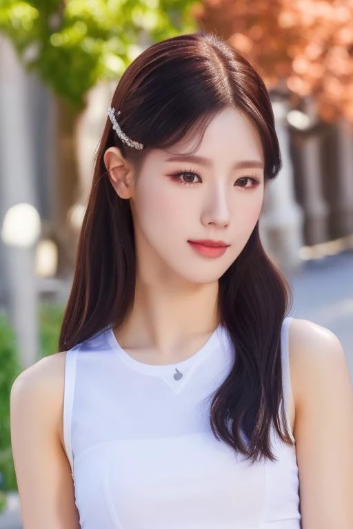 <lora:gidleMiyeonV1:1>,Miyeon,korean, woman,complex 3d render ultra detailed, smile, portrait of beautiful woman, moody portrait, striking features, beauty, intricate details, dramatic composition, tension, contrast, texture, realism, high-quality rendering, stunning art, high quality, film grain, Fujifilm XT3,swirly bokeh,(realistic, photo-realistic:1.2),RAW photo,physically-based rendering,(looking at viewer:1.4),(8k, best quality, masterpiece:1.2),(full body shot:1.1),octane render,extremely detailed CG, unity 8k wallpaper,in street,urban,city,(studio soft light,sunlight:1.2),(standing:1.1),(a girl is wearing sleeveless:1.5),hyper realistic detail shiny skin,ultra detailed,(ultra realistic:1.2),(intricate:1.2),(photorealistic:1.2),1girl,(skinny:1.3),detailed background ,(large breasts:1.1) ,