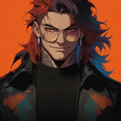 cbxzz, 1boy, male focus, solo, red eyes, glasses, jewelry, tattoo, jacket, facial hair, earrings, shirt, stubble, red background, black shirt, upper body, looking at viewer, black jacket, simple background, orange background, black hair, red hair, medium hair, open clothes, long hair, thick eyebrows, scar, open jacket, round eyewear, leather jacket, smile, score_9, score_8_up, score_7_up, score_6_up, score_5_up, score_4_up