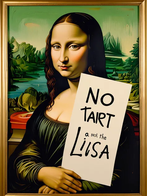 mona lisa (holding a sign saying: "NO TART"), the mona lisa by leonardo davinci, in a contemporary mixed-media,punk-style style, by Claes Oldenburg,John Cage,Genpei Akasegawa,Jim Dine,Christo, painted with winsor-green-phthalo,perylene-black,rose-dore,venetian-red,winsor-blue-green-shade oil paints