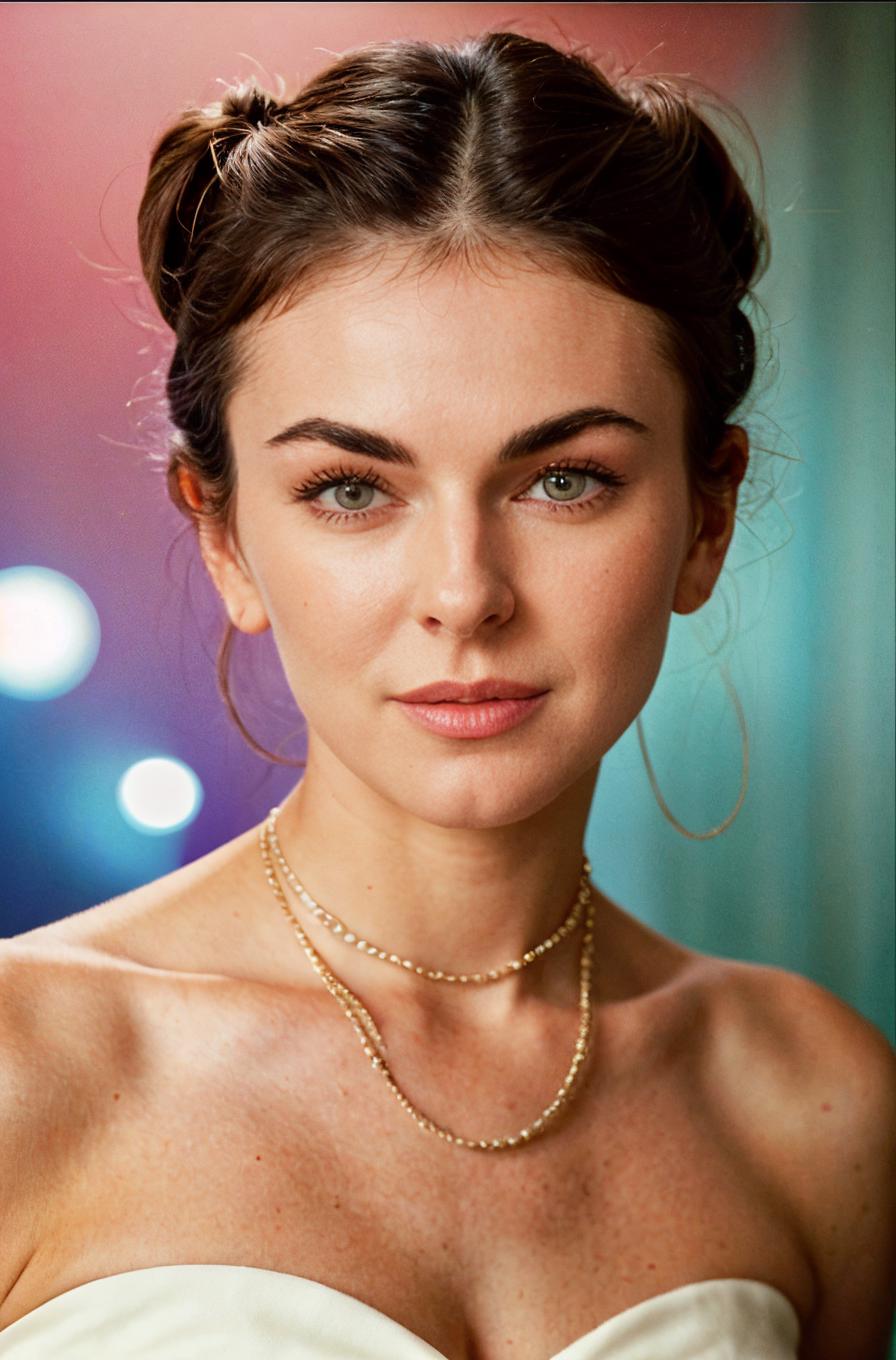 A close up of a woman wearing a white dress and a necklace - SeaArt AI