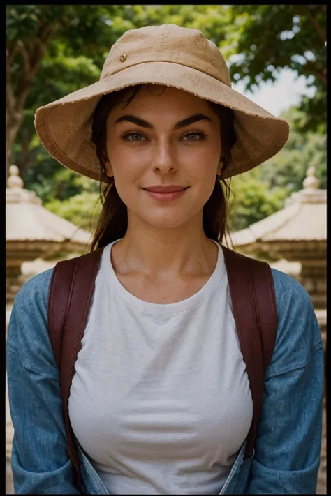 analog film photo solo, realistic, ((caucasian woman)), (((Long Hair, Long Layers Hairstyle))), (((smile512))), (((Striped t-shirt dress, white sneakers, denim jacket, bucket hat, backpack))), ((Frame the tranquility of Beomeosa Temple, with its ancient architecture, serene gardens, and the spiritual ambiance of Buddhist rituals.)), ((dynamic pose)), high detailed, 8k, clear facial features, <lora:PAseer-SD15-LCM Quick:1> <lora:ReaLora:.2> skin <lora:KStyle_-_Photography_Style:1> kstyle  <lora:[US]_-_Serinda_Swan:1> serindaswan . faded film, desaturated, 35mm photo, grainy, vignette, vintage, Kodachrome, Lomography, stained, highly detailed, found footage