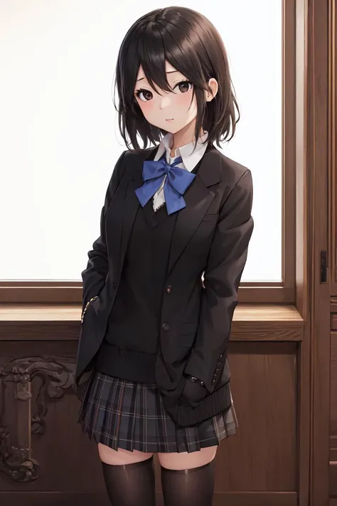 highres, sharp focus, pixiv masterpiece, ((intricate details)), highly detailed, full body, inaba_himeko, 1girl, black hair, black sweater, (black eyes:1.3), school uniform, sweater, dress shirt, jacket, blazer, blue ribbon, shirt, plaid skirt, <lora:Inaba Himeko_Kokoro Connect:0.8>