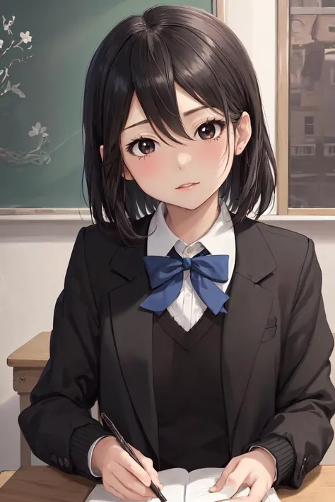 highres, sharp focus, pixiv masterpiece, ((intricate details)), highly detailed, upper body, inaba_himeko, 1girl, black hair, black sweater, (black eyes:1.3), school uniform, sweater, dress shirt, jacket, blazer, blue ribbon, shirt, plaid skirt, <lora:Inaba Himeko_Kokoro Connect:0.8>