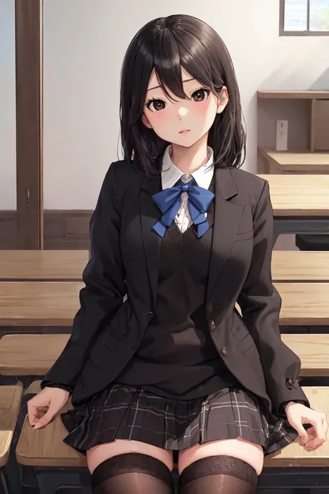 highres, sharp focus, pixiv masterpiece, ((intricate details)), highly detailed, full body, inaba_himeko, 1girl, black hair, black sweater, (black eyes:1.3), school uniform, sweater, dress shirt, jacket, blazer, blue ribbon, shirt, plaid skirt, <lora:Inaba Himeko_Kokoro Connect:0.8>