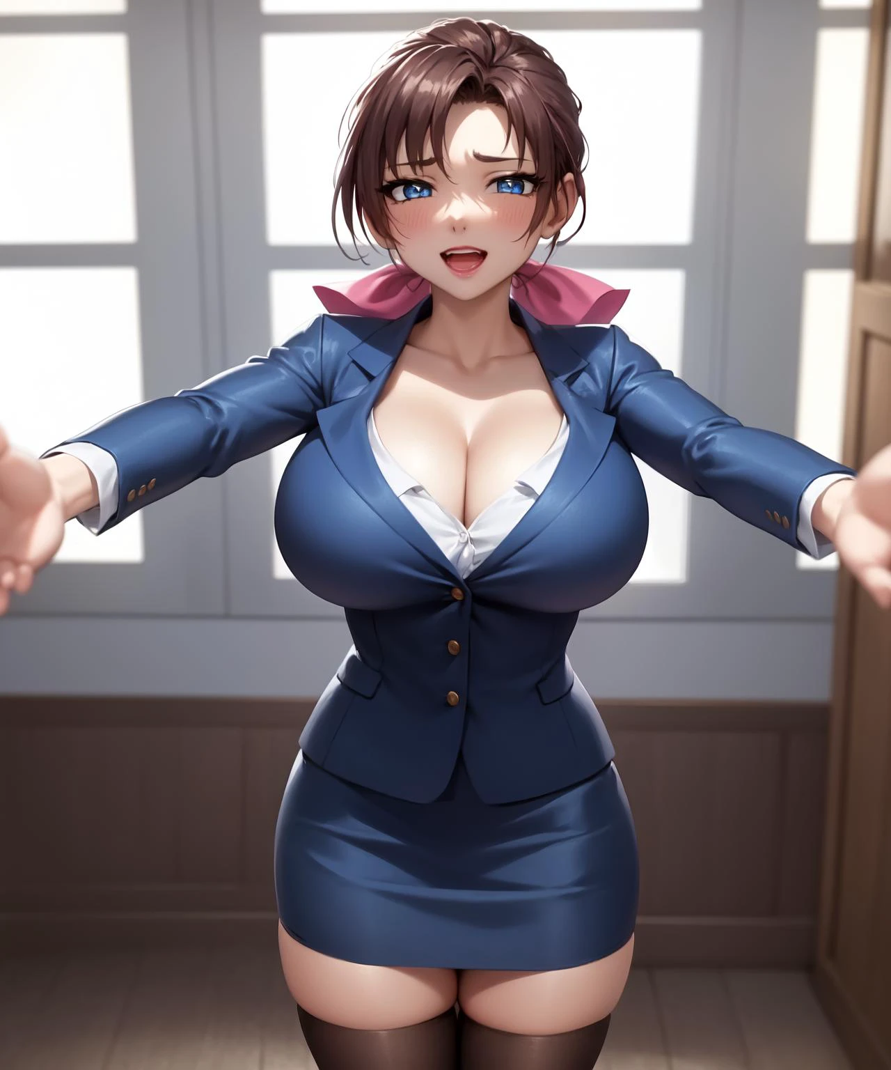(highres, best quality:1.2), intricate details, vibrant image, sharpness, colorful,
SaekiSayoko, solo, 1girl, mature female, milf, cowboy shot, closeup, looking at viewer, standing, happy, half-closed eyes, sleepy, happy, open mouth, blush, outstretched arms, (incoming hug:1.2), reaching towards viewer, indoors, room, window, sunny weather, tree, complex background,
brown hair, long hair, hair bow, hair ribbon, ponytail, makeup, blue eyes, perfect eyes, perfect face, detailed face,
blue suit, blue pencil skirt, thighhighs,
curvy, large breasts, cleavage,
<lora:SaekiSayoko-000010:0.9>