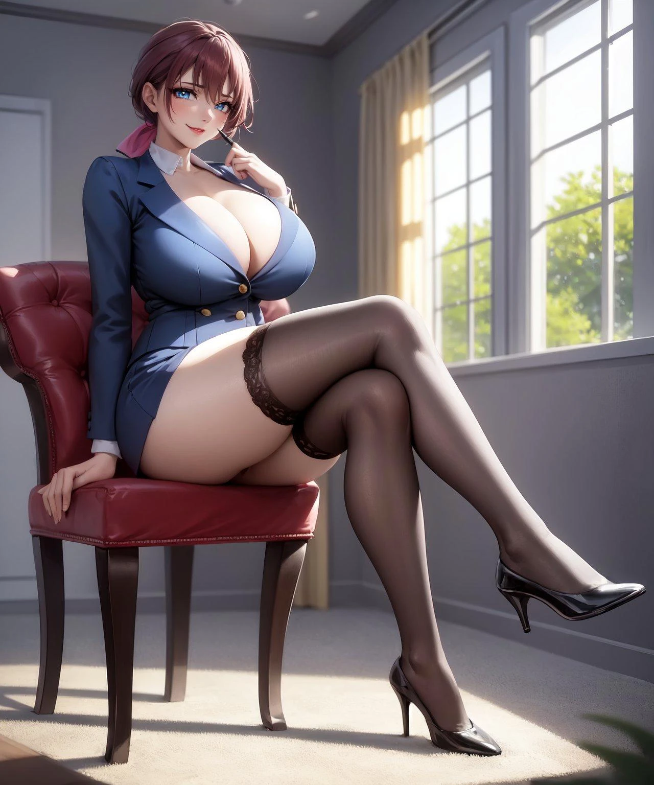 (highres, best quality:1.2), intricate details, vibrant image, sharpness, colorful,
SaekiSayoko, solo, 1girl, mature female, milf, full body shot, side view, sitting on chair, legs on table, smirking, smile, indoors, room, window, sunny weather, tree, complex background,
brown hair, long hair, hair bow, hair ribbon, ponytail, makeup, blue eyes, perfect eyes, perfect face, detailed face,
blue suit, blue pencil skirt, thighhighs, high heels,
curvy, large breasts, cleavage, ass, thighs,
<lora:SaekiSayoko-000010:0.9>