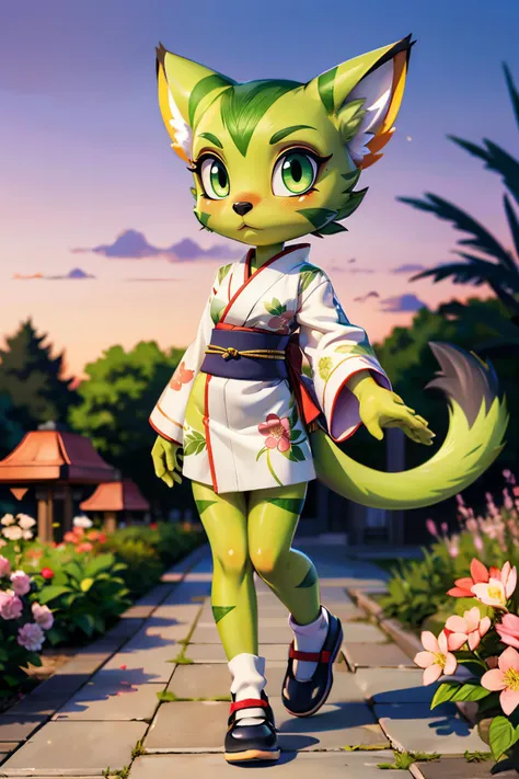 CarolTeaV2,furry female,green eyes,cat ears,cat tail, animal nose,cat girl, green fur, green skin, traditional kimono, sash, long sleeves, looking at viewer, serious, standing, hands forward, outside, garden, cherry blossom, dusk, twilight sky, high quality, masterpiece <lora:CarolTeaV2:.6>