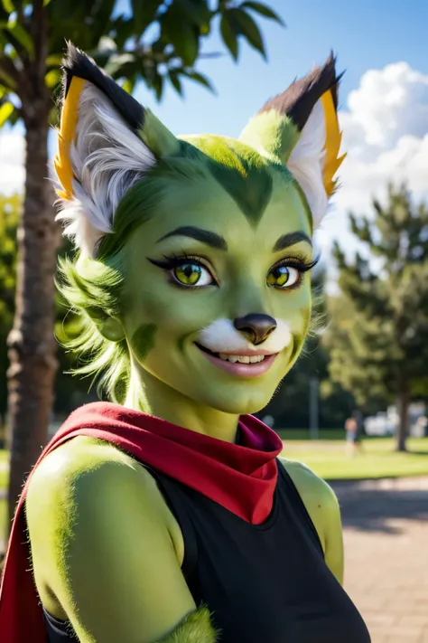 CarolTeaV2,furry female,green eyes,cat ears, body fur, animal nose,cat girl, green fur, green skin, sleeveless, black shirt, red bandana,looking at viewer, smiling, close up, outside, park, trees, overcast, high quality, masterpiece <lora:CarolTeaV2:.5>