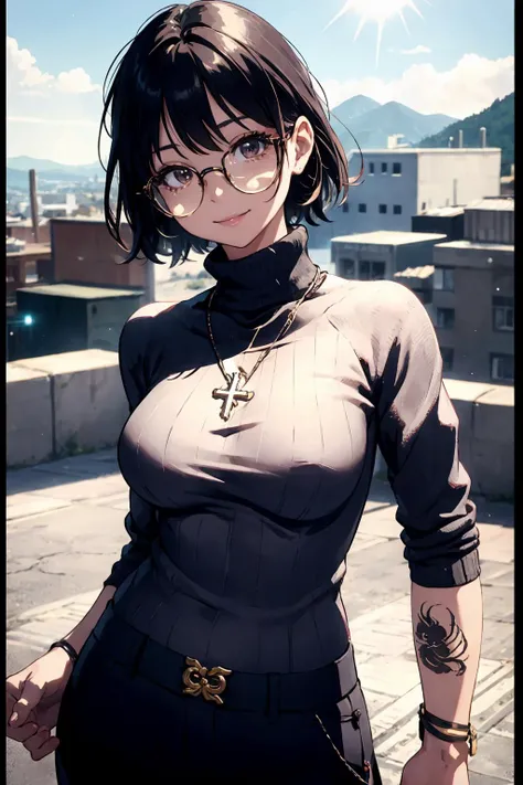 ((masterpiece)),best quality,((perfect face)),(super detailed),sharp focus,(beautiful),adult,(best quality),depth of field,rich in details and textures,shiny skin,light particles,lens flare,Fine dust reflected in light, Amazing, finely detail, 1girls, EPShizuku, solo, round_eyewear, medium_breasts, looking at viewer,upper body, tattoo, inverted_cross, necklace, <lora:EPShizuku-10:0.7>,
BREAK
Aran sweater blazer worn over a turtleneck and tailored trousers with loafers, close-up, mountaintop city, day, arm at side, naughty smile