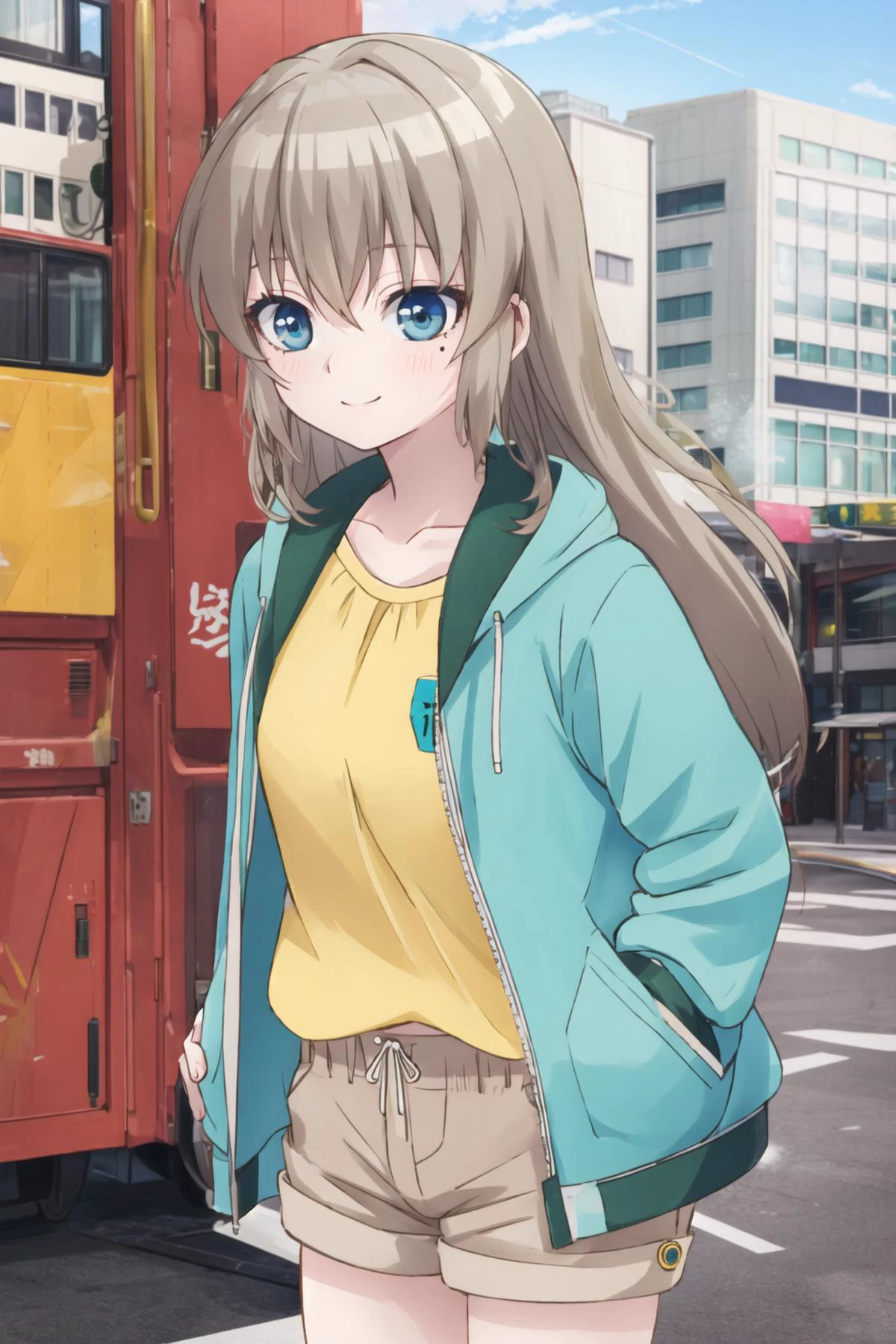 <lora:OotoriiAsuka-10:0.6>, ootorii asuka, smile, mole under eye, city, green jacket, open jacket, yellow shirt, brown shorts