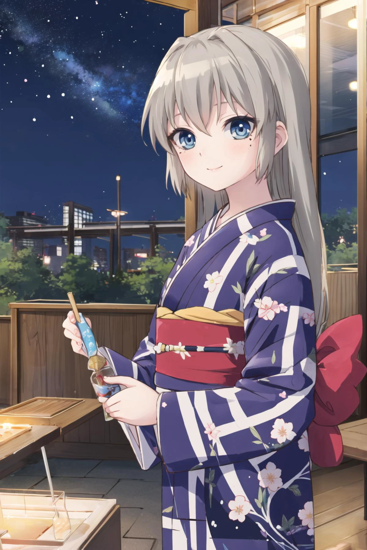<lora:OotoriiAsuka-10:0.6>, ootorii asuka, smile, mole under eye, kimono, blue kimono, striped kimono, night, wide sleeves, obi