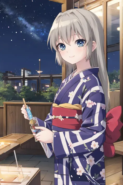 <lora:OotoriiAsuka-10:0.6>, ootorii asuka, smile, mole under eye, kimono, blue kimono, striped kimono, night, wide sleeves, obi