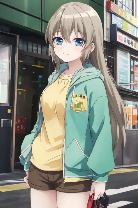 <lora:OotoriiAsuka-10:0.6>, (ootorii asuka), smile, mole under eye, city, yellow shirt, brown shorts, green jacket, open jacket, long sleeves, hood down