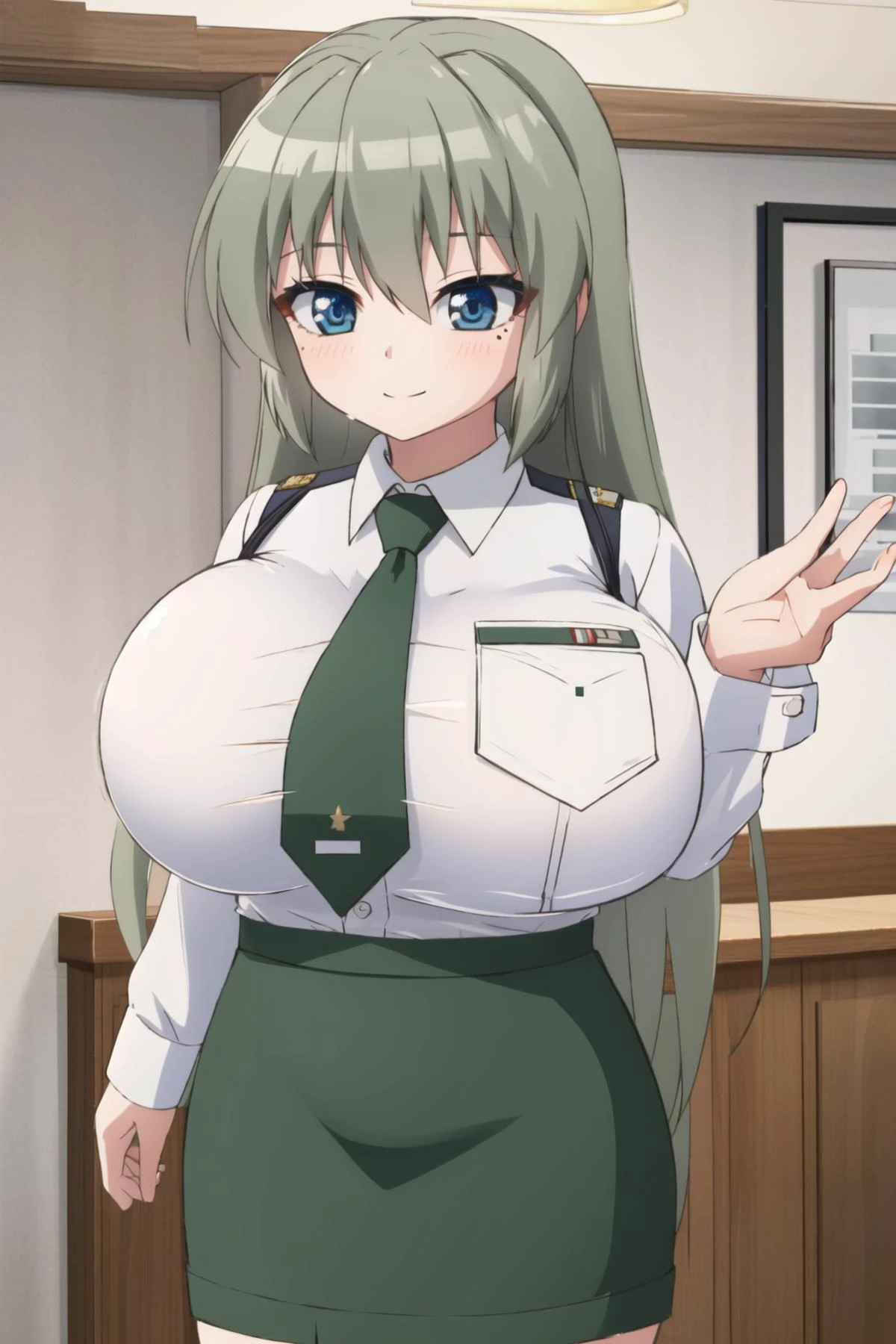 <lora:moralgear3-10:0.6>, 1girl, huge breasts, smile, <lora:OotoriiAsuka-10:0.6>, ootorii asuka, mole under eye, military uniform, green skirt, pencil skirt, white shirt, collared shirt, green necktie, indoors
