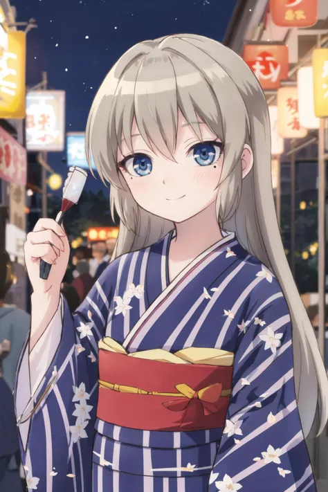 <lora:OotoriiAsuka-10:0.6>, ootorii asuka, smile, mole under eye, kimono, blue kimono, striped kimono, night, wide sleeves, obi