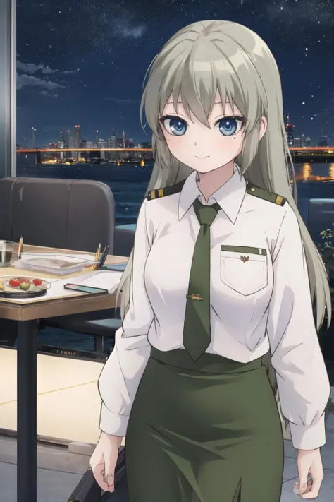 <lora:OotoriiAsuka-10:0.6>, ootorii asuka, smile, mole under eye, military uniform, collared shirt, green necktie, night, pencil skirt