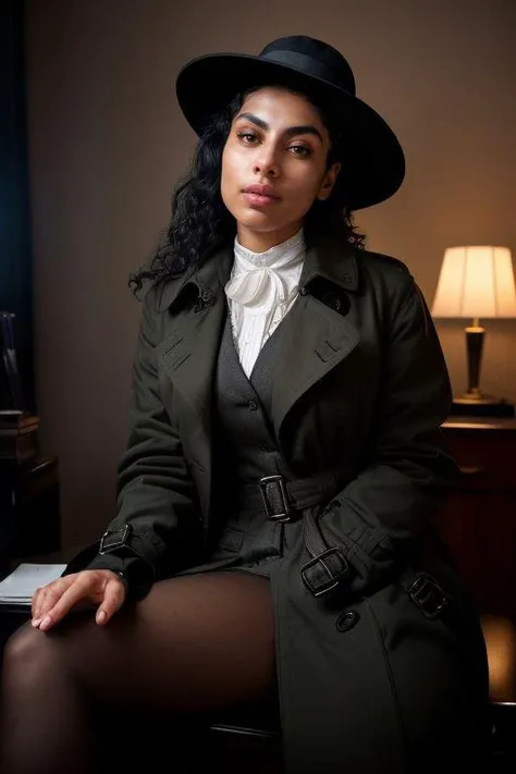 DEN_xochavella_OF,
(a 1940s private investigator wearing a trench coat and rimmed hat sitting in a drab dank office at the desk using a typewriter, private investigator, 1940s:1.2),
bokeh, f1.4, 40mm, photorealistic, raw, 8k, textured skin, skin pores, intricate details <lora:epi_noiseoffset2:1>, epiCRealism <lora:ClothingAdjuster3:-1>