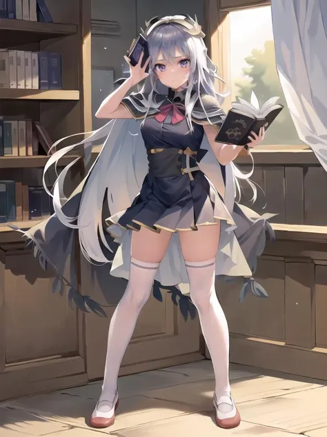 ((masterpiece)), (((best quality))), ((ultra-detailed)), ((illustration)), (beautiful detailed girl), (solo), (full body), white long hair, blue eyes, ((knight)), messy_hair, (white thighhighs), earrings, cape, beautiful detailed glow, (standing), raiden shogun, (school girl), uwabliang2, magic, (holding magic book), training, indoors, teacher, attack, fighting pose, hand up, fireball, experiment <lora:uwabliang2:0.8>, (perfect anatomy, perfect lighting),, (solo-focus),